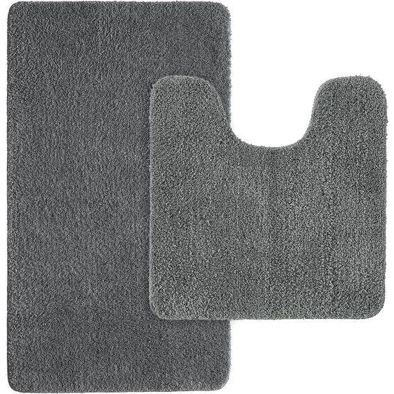 Set van 2 badmatten, wasbaar, absorberend, voor badkamer en woonkamer, 40 x 60 cm en 45 x 45 cm met uitsparing, grijs