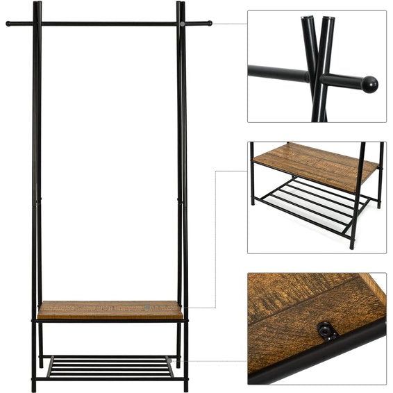 Garderobestandaard, kledingrek, garderobe met schoenenrek, metalen frame, in de hal, woonkamer en veranda, retro industrieel wasrek, 64 cm x 41 cm x 162 cm, retrobruin-zwart