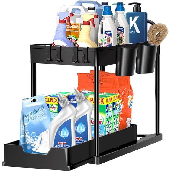2 etages onder de wastafel, keukenorganizer met 4 beweegbare haken en 2 kopjes, multifunctioneel kruidenrek, spoelkast, organizer, schoonmaakmiddelorganizer voor badkamer