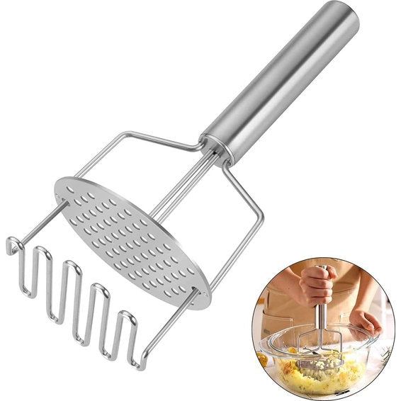 Aardappelstamper, roestvrij staal, 24 cm, aardappelstamper, voor aardappelpuree, vruchten en groenten, keukenhulp, het perfecte cadeau, vaatwasmachinebestendig