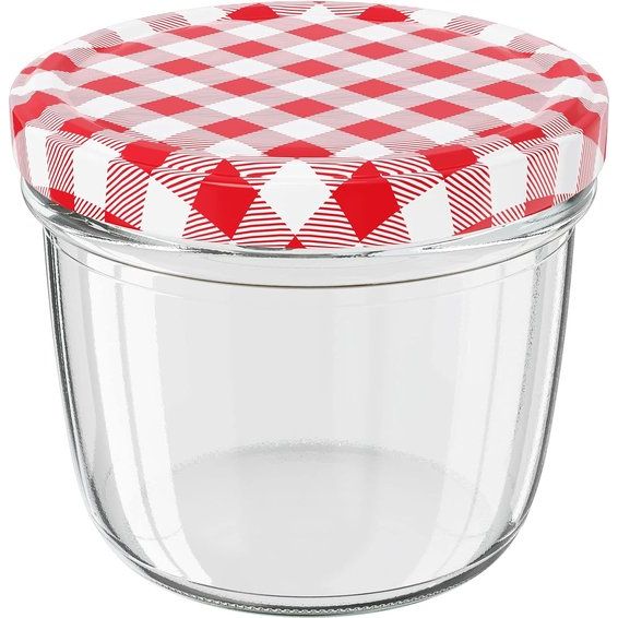 Weckpotten, met schroefdeksel, 230 ml, diameter: 8,5 cm, hoogte: 6,5 cm, glas/metaal, rood geruit schroefdeksel van 82 mm, glas, keuze uit verschillende aantallen, rood, 12 stuks