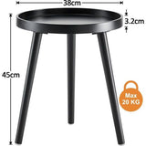 Bijzettafel, zwart rond, kleine salontafel van hout, woonkamertafel, nachtkastje met poten van massief hout, Scandinavische stijl, kleine tafel voor slaapkamer, balkon, 38 x 45 cm