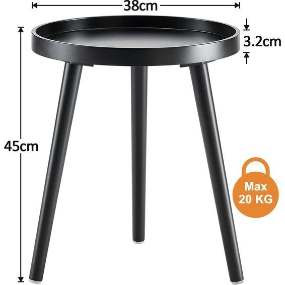 Bijzettafel, zwart rond, kleine salontafel van hout, woonkamertafel, nachtkastje met poten van massief hout, Scandinavische stijl, kleine tafel voor slaapkamer, balkon, 38 x 45 cm