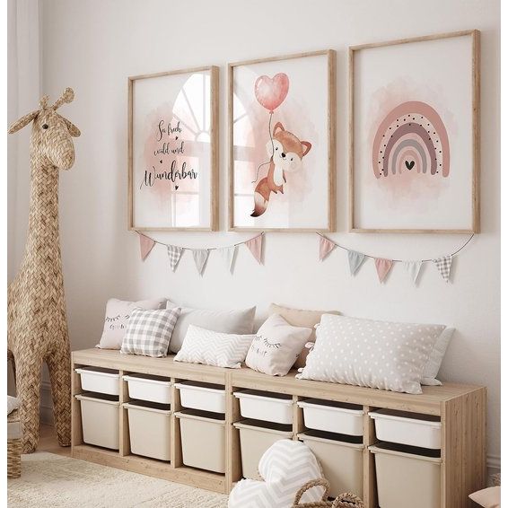 Poster Kinderkamer, set van 3 afbeeldingen babykamer meisjes, oudroze ballon regenboog van K3
