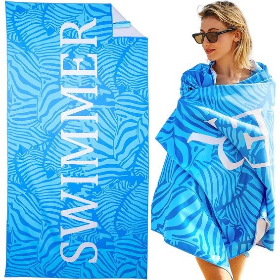 Strandhanddoek, groot, microvezel handdoek, 180 x 90 cm, zandafstotend, sneldrogend, microvezel, strandhanddoek, groot, voor strand/zwembadzijde/strandstoelen (zwemmer-blauw)