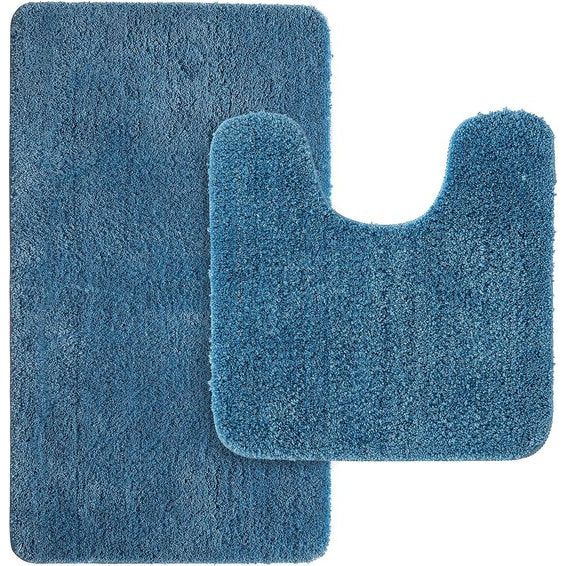 Set van 2 badmatten, wasbaar, absorberend, voor badkamer en woonkamer, 40 x 60 cm en 45 x 45 cm met uitsparing, blauw Vertaling: Set van 2 badmatten, wasbaar, absorberend, voor badkamer en woonkamer, 40 x 60 cm en 45 x 45 cm met uitsparing, blauw