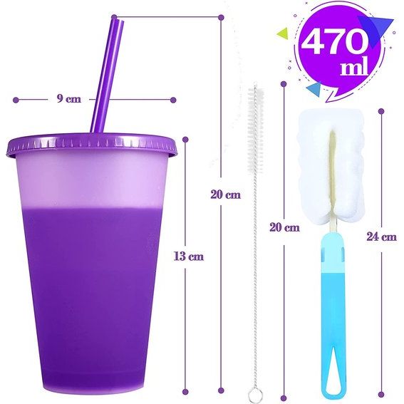 Kleurverandering beker drinkbeker met rietje en deksel - 470 ml plastic beker herbruikbare kinderbeker beker beker beker rijstbeker ijskoffie koud drinken smoothie sap koffiebeker - 8 stuks verpakking