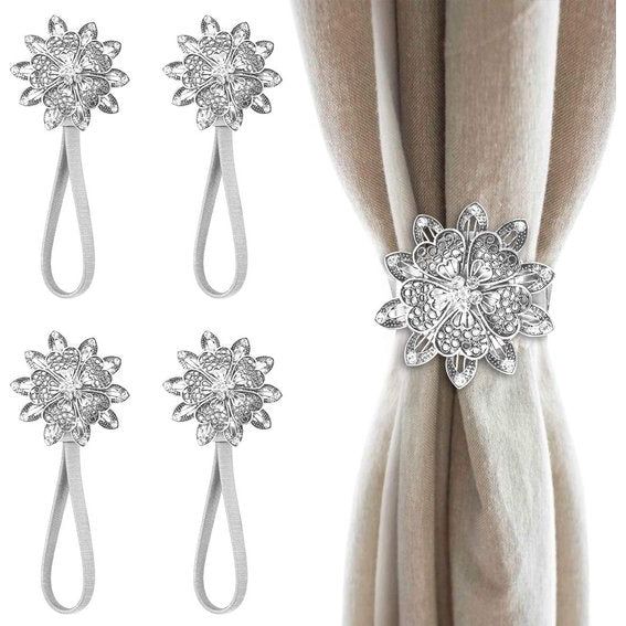 4 stuks magnetische gordijnhouders, gordijngesp, decoratieve bloemgordijnen, gordijnclips voor gordijnen, gordijngordijngordijnhouders met sterk lentetouw, voor thuis- en kantoordecoratie, zilver
