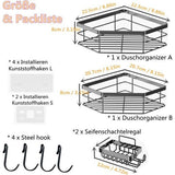 Doucheplank zonder boren, 4 stuks badkamerrek met 4 haken, roestvrij staal, zwart, doucherek voor shampoo en douchegel