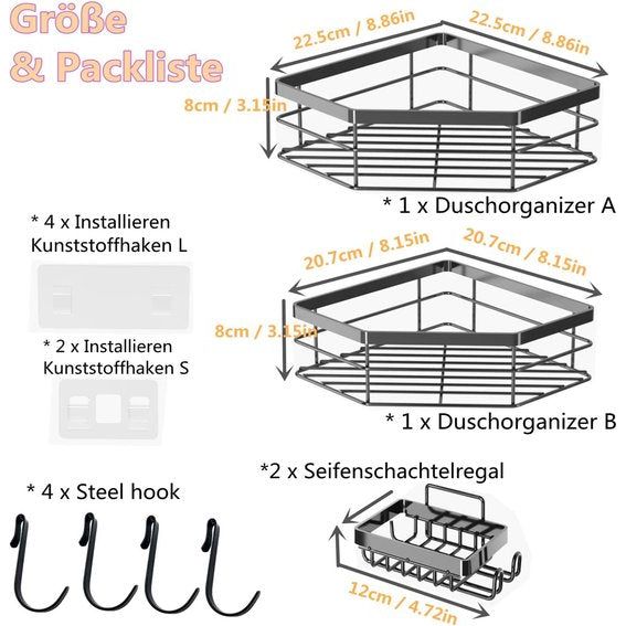 Doucheplank zonder boren, 4 stuks badkamerrek met 4 haken, roestvrij staal, zwart, doucherek voor shampoo en douchegel