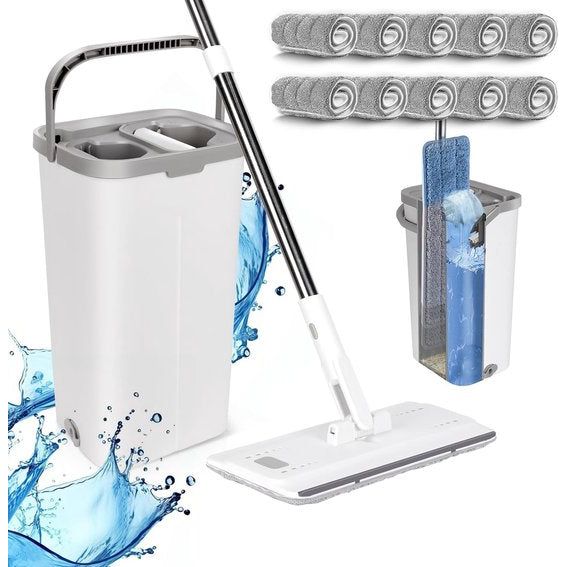 Dweilmopset met emmer, platte dweil met 140 cm verstelbare handgreep en 10 microvezel dweilpads, 2-in-1 poetsemmer en dweilset, wisser met uitwringfunctie voor alle vloeren, wit