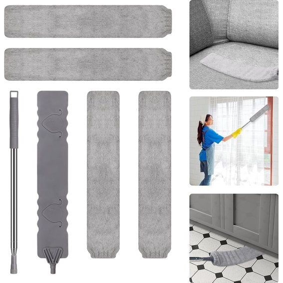 Telescopische plumeau Wasbare stofmop met 4 wasbare doeken, telescopische reiniger, telescopische plumeau, lange uitschuifbare plumeau voor slaapbank, meubelvloer, huishoudspleetstof