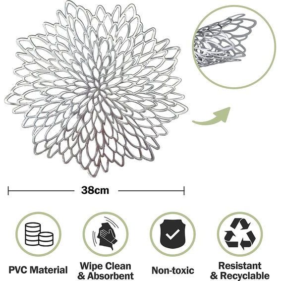HEYOMART Set van 6 ronde pvc-placemats, afwasbaar, rond, hittebestendig en antislip, ideaal voor keuken, feest, bruiloft enz., zilver