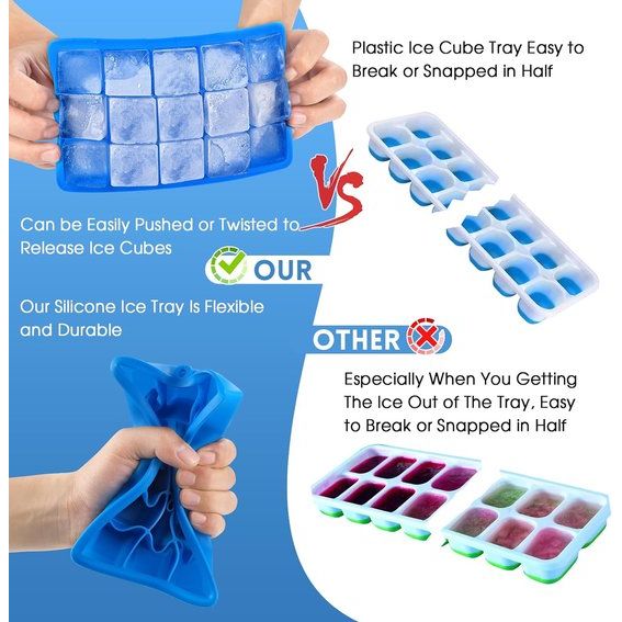 Silicone Ice Cube Tray, Pack of 3 Ice Cube Trays & Ice Cube Trays with Lid, Freezer Mould Silicone Large, Ice Ball Mould, Ice Cube Tray, Silicone Mould Ice Cube Moulds (Blue/Green/Purple)