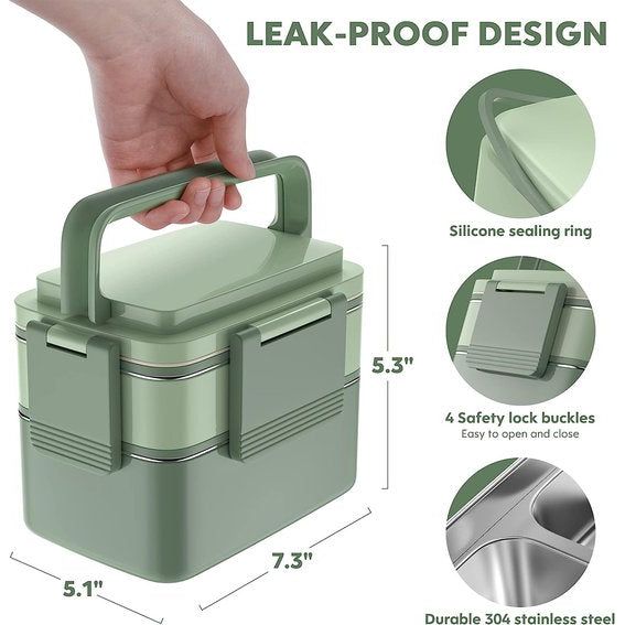 Bento Box, Adult Lunch Box with Stainless Steel Compartment, Leak-Proof, 1500 ml, Large Volume, BPA-Free, Keep Fresh for a Long Time (Green)