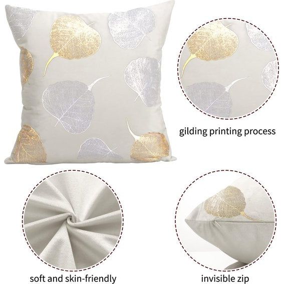 Fluwelen kussensloop, 45 x 45 cm, set van 2 stuks, crème, decoratieve kussenhoezen met bladpatroon, sofakussen, decoratieve kussenhoezen met verborgen ritssluiting, voor woonkamer, slaapkamer