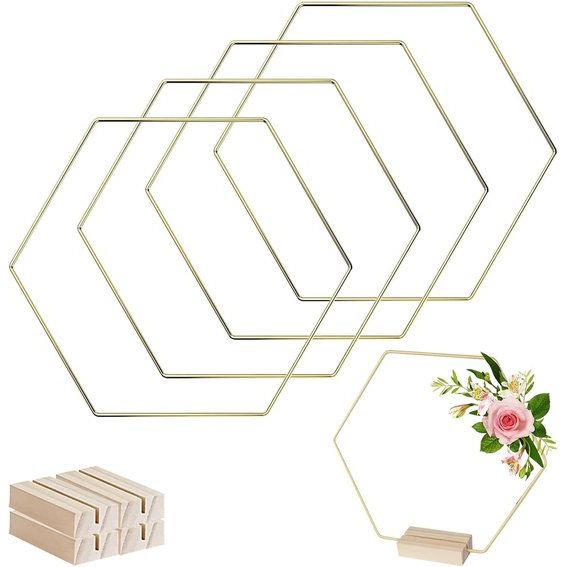 Metaalringen om mee te knutselen, 4 stuks 23 cm zeshoekige metaalringen met 4 houten standaarden, decoratieve ring met voet, houten standaard, krans, metaalring voor doe-het-zelf dromenvangers, bruiloftsdecoratie en doe-het-zelf.