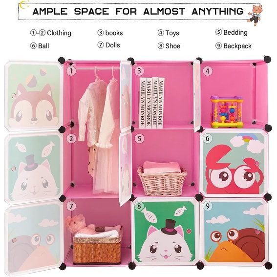 Uitbreidbaar kinderrek kinderkledingkast traprek boekenrek met deuren, diepere vakken dan normaal (45 cm vs. 35 cm), 110 x 47 x 110 cm roze