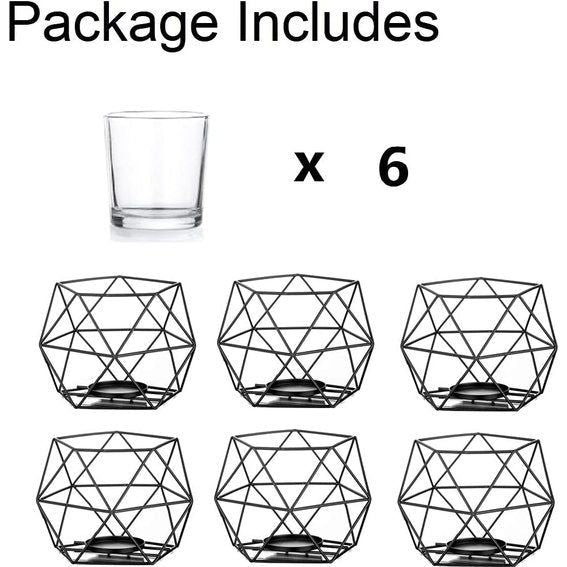 Theelichthouder, kandelaar, metaal, zwart, set van 6 geometrische theelichtjes, kaarsenstandaard, stompkaars, windlicht, modern, geo-decoratie voor tafeldecoratie, feest, bruiloft, woonkamer, Kerstmis