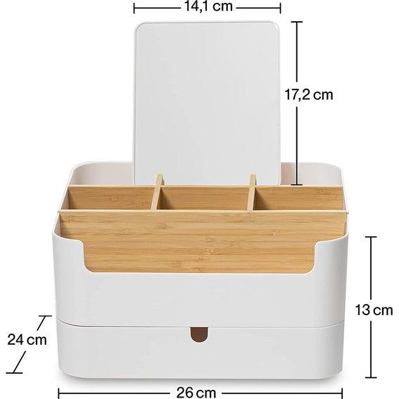 Cosmetische organizer met spiegel voor kaptafel, badkamer en slaapkamer, make-up organizer, hoge kwaliteit, kaptafel organizer, bamboe met lade en perfecte indeling