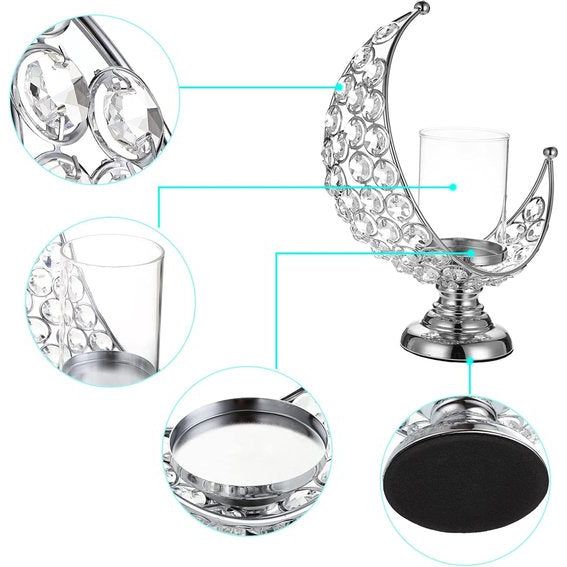 Maanvorm Kristal Theelichtje van glas Metaal Kaarshouder Kaarshouder Kaarshouder voor thuiskantoor Bruiloft Kerstdiner Tafeldecoratie voor stompkaars Zilver