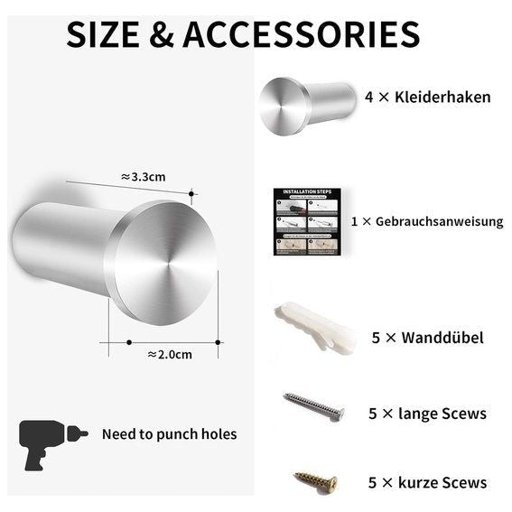 Kapstokken Zilveren Kapstokken Robuuste Muurhaken Handdoekhaken voor Boren voor Muur, Badkamer, Keuken, Slaapkamer 4 Packs