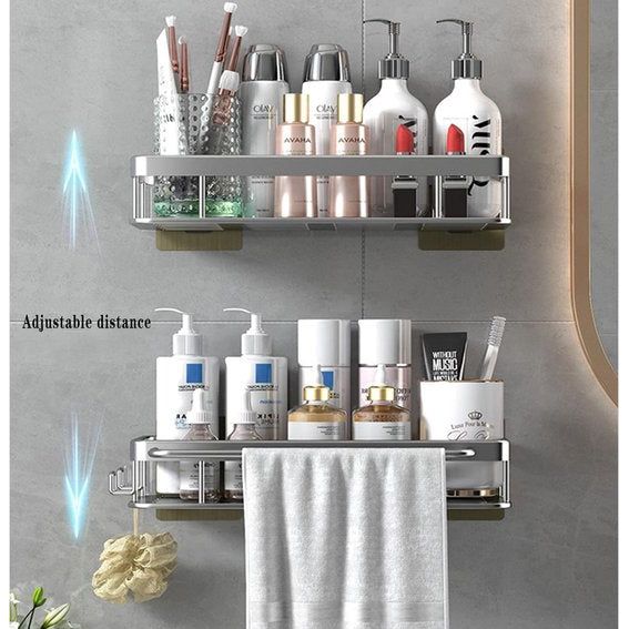 Doucheplank zonder boren, doucheplank met haken, handdoekhouder, aluminium, zonder sporen achter te laten, zelfklevende doucheplanken met 2 haken, voor keuken, badkamer, douchemand om op te hangen, 2