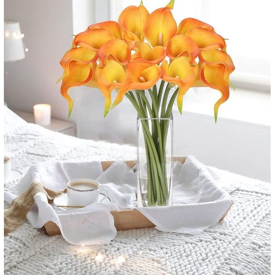 kunstbloemen, 16 stuks, met glazen vaas, zeer echt, kunstbloemen, calla PU, latex, echte touch, Calla nepbloemen, oranje, voor bruiloft, feest, woonkamer, kantoor, hotel, keuken