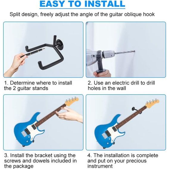 Pack of 2 Guitar Holder Wall Mount Angled Guitar Hanger Wall Guitar Holder Wall for Acoustic Guitar, Classical Guitar, Electric Guitar, Bass, Ukulele