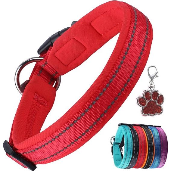 Hondenhalsband, verstelbaar, zacht gevoerd, neopreen, nylon, reflecterende halsband, ademend, instelbaar, met identificatielabel voor kleine, middelgrote en grote honden, rood, maat XL