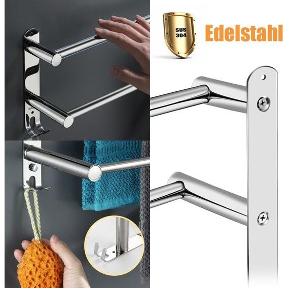 Towel Rail Extendible 2 Arms, 43-75 cm Telescopic Towel Rail No Drilling with 4 Hook Positions, Stainless Steel Towel Rail for Bathroom Kitchen Wall - 2 Installation Methods