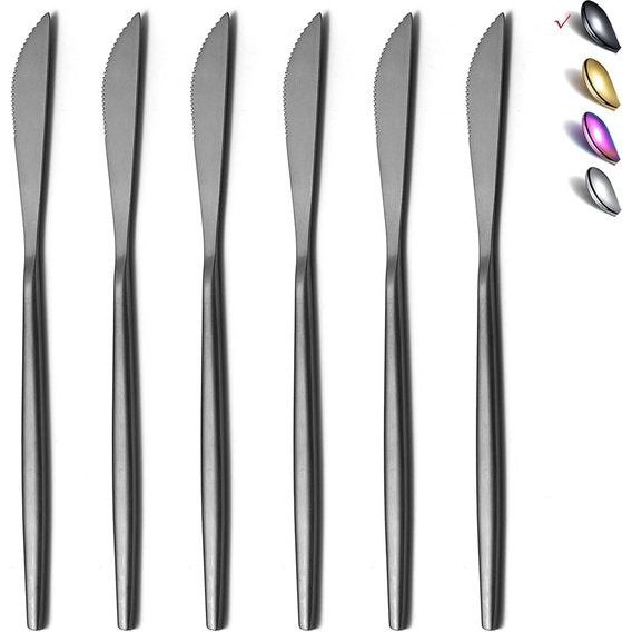 Tafelmes 6-delig, roestvrijstalen matzwart tafelmes, robuust botermes, modern design botermes, vaatwasmachinebestendig (matzwart-8,9 inch)