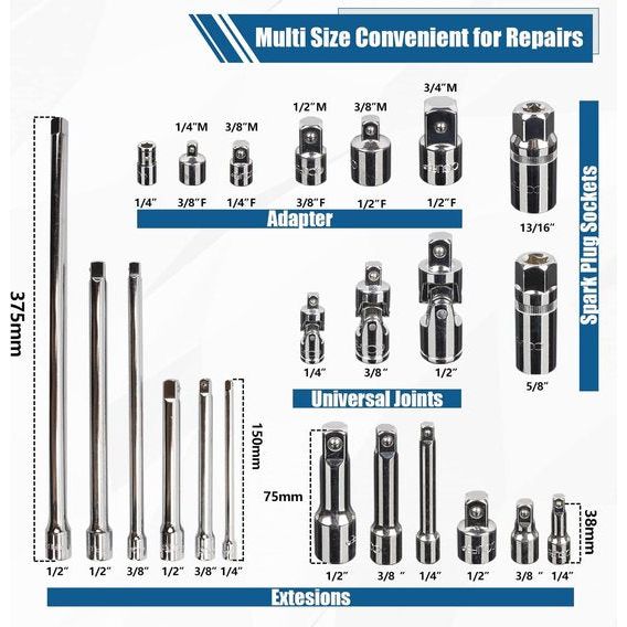 23-delige dopsleutelverlengset 1/4 inch 3/8 inch 1/2 inch ratel ratelconnectoronderdelen inclusief socketadapter kruiskoppeling bougies moer | Cr-V