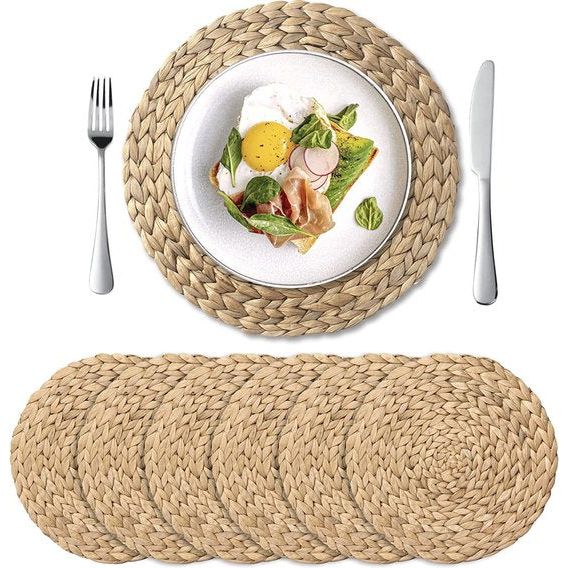 IVAILEX ronde gevlochten placemats set voor eettafel, waterhyacint placemats, grote handgemaakte geweven placemats Hittebestendige antislip wasbare tafelmatten, 6 PACK (13,8 duim)