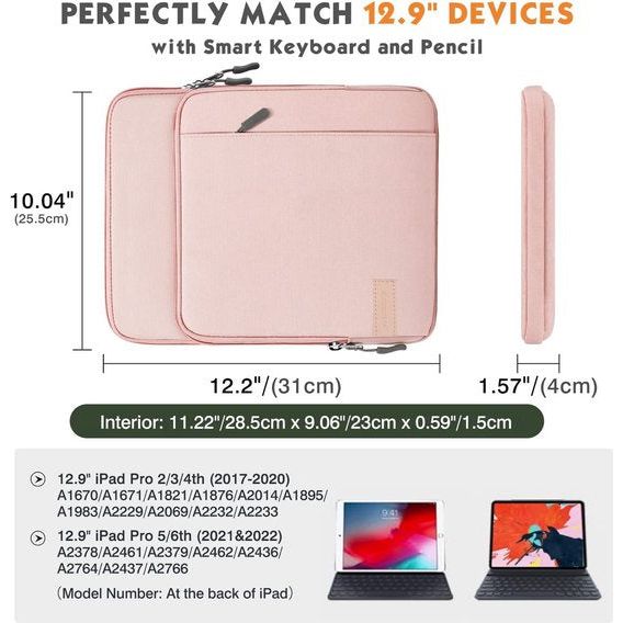 12.9 inch tablethoes, compatibel met iPad Pro 12.9 2021/2020/2018, Galaxy Tab S8+ 12.4", Surface Tablet Go 12.4", versleepbare beschermhoes met schouderriem, roze