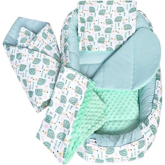 5-delige set babynestjes, 100 x 60 x 15 cm, uitneembaar inzetstuk, bed, knuffelnest, kruipdeken voor baby's en pasgeborenen, 100% katoen (egel met mint minky)