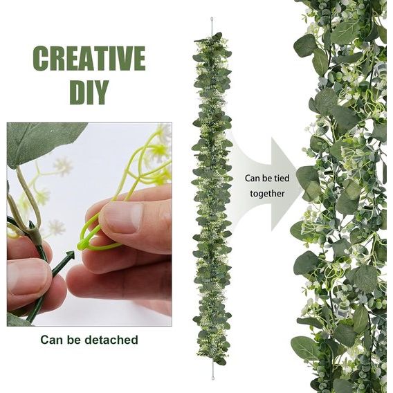 Eucalyptusdecoratie, 4 pakken, 1,5 m lange kunstmatige eucalyptusslinger met witte gipskruidbloemen, kunstmatige hangplant voor bruidsboeket