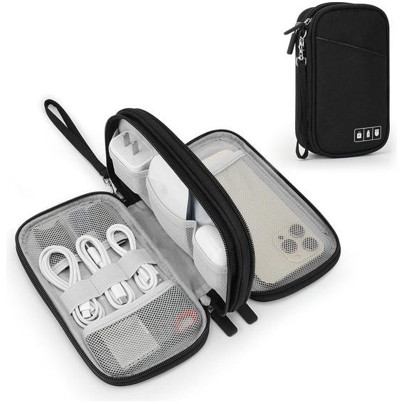reisaccessoires organizertas, waterdichte reiskabelorganizer dubbellaags reiselektronica-accessoires voor USB-powerbank, kabel, SD-kaart (zwart)