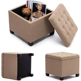 Kruk met opbergruimte, zitkubus met deksel, zitkist, voetenbankkist opbergdoos, linnen, 44 L, 45 x 41 x 41 cm, beige