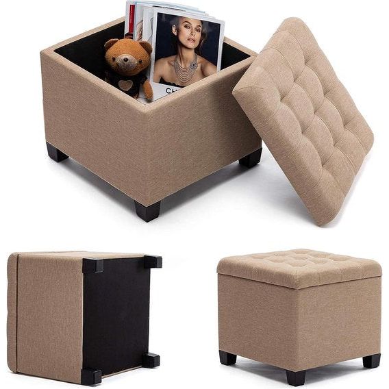 Kruk met opbergruimte, zitkubus met deksel, zitkist, voetenbankkist opbergdoos, linnen, 44 L, 45 x 41 x 41 cm, beige