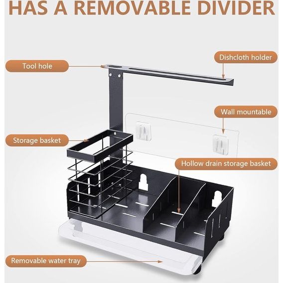 Gootsteenorganizer voor keuken en badkamer, antislip, keukenorganizer voor gootsteen met afdruipbak, werkblad, sponshouder van metaal, eenvoudige installatie