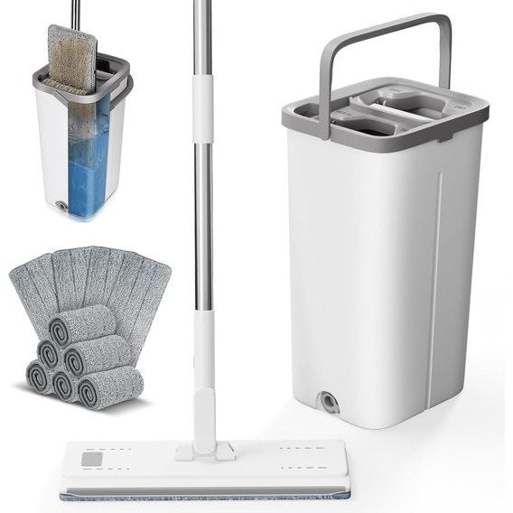 Mopset met emmer, vloermopset met 10 platte microvezelmoppads en 140 cm roestvrijstalen handgreep, emmer met twee kamers, dweil met wringfunctie voor alle vloeren, wit