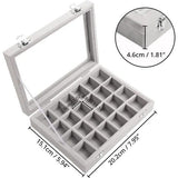 Organizer ring opbergdoos, sieradendoos grijs (24 vakken), fluwelen doos met glazen deksel, 20,2 x 15,1 x 4,6 cm, sieradendoos voor ringen, oorbellen, armbanden, hout, glas