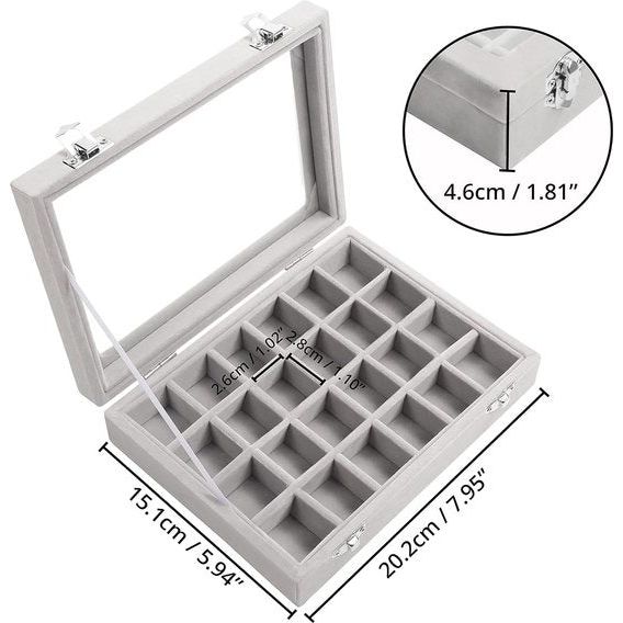 Organizer ring opbergdoos, sieradendoos grijs (24 vakken), fluwelen doos met glazen deksel, 20,2 x 15,1 x 4,6 cm, sieradendoos voor ringen, oorbellen, armbanden, hout, glas
