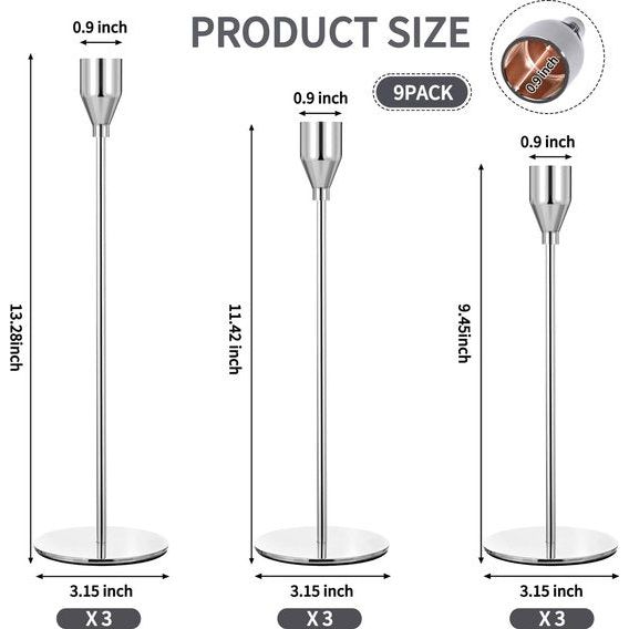 Set van 9 zilveren kandelaars, hoge kandelaar, geschikt voor 3/4" dikke kaarsen voor bruiloft, woonkamer, eetkamer (zilver)