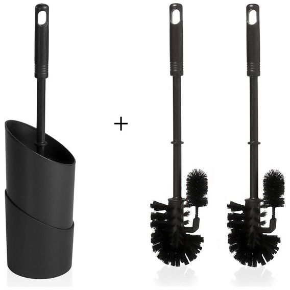 Toiletborstel, toiletborstel, wc-borstel, zwart, met 2 reserveborstels, toiletborstel met randreiniger, wc-borstelset van kunststof