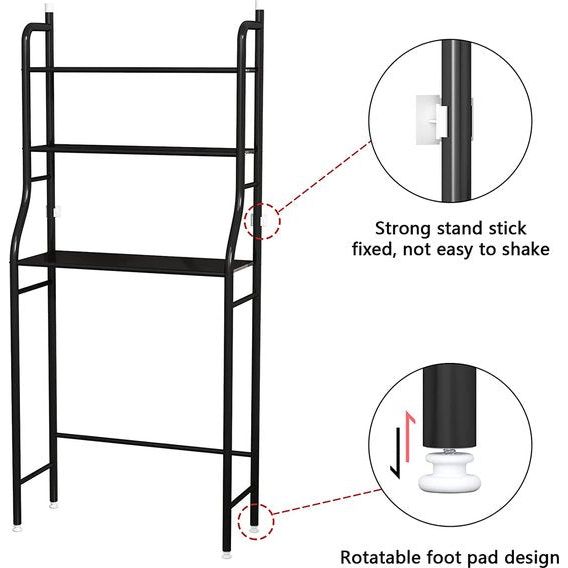 3-laags trommelrek voor wasmachine, ruimtebesparende badkamerplank boven het toilet, multifunctioneel sterk en verstelbaar staal zwart