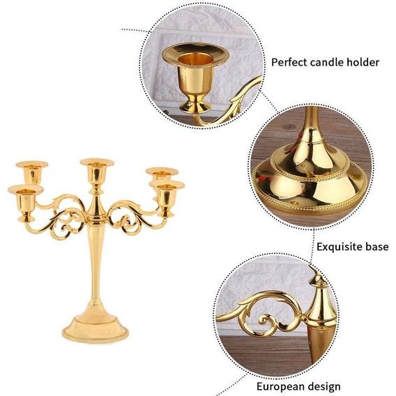 Kandelaar 5-armige kaarsenstandaard kaarsenhouder als tafeldecoratie voor Kerstmis en Thanksgiving (goud)