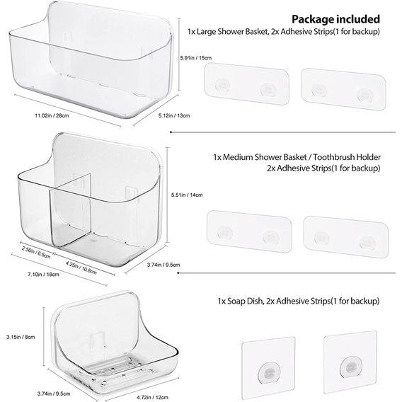 Douche Caddy, Tandenborstelhouder, Zeepbakje, Doucheplank zonder boren, Badkamer Organizer Wandmontage voor keukens en badkamers, Transparant PET, Set van 3