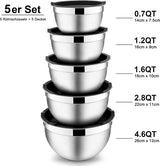 Mengkom, 5-delige roestvrijstalen slakommenset met luchtdicht deksel, perfect voor bakken, koken, bereiden, stapelbaar en vaatwasmachinebestendig, 4,6/2,8/1,6/1,2/0,7 l - zwart